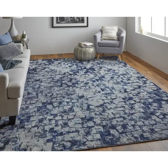 Blue And Ivory Abstract Power Loom Distressed Stain Resistant Area Rug Photo 5