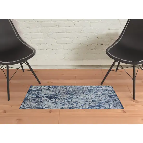 Blue And Ivory Abstract Power Loom Distressed Stain Resistant Area Rug Photo 2