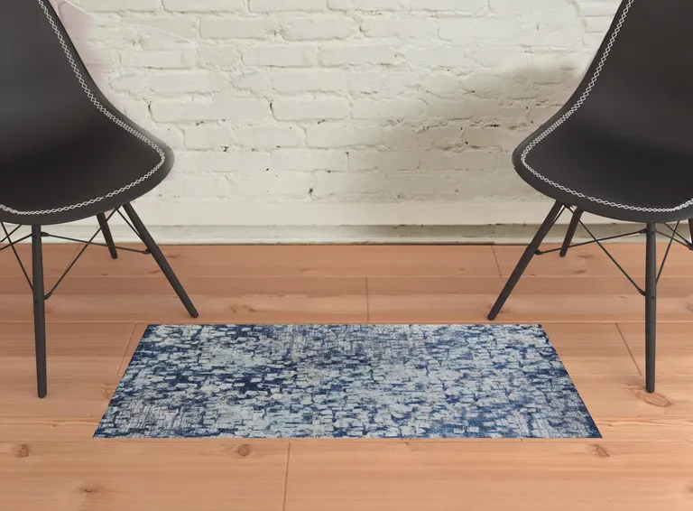 Blue And Ivory Abstract Power Loom Distressed Stain Resistant Area Rug Photo 2