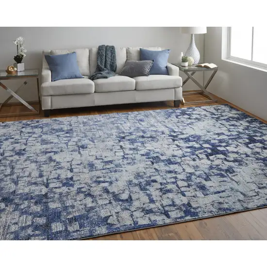 Blue And Ivory Abstract Power Loom Distressed Stain Resistant Area Rug Photo 7