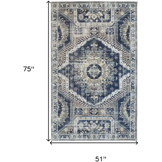 Blue And Ivory Abstract Power Loom Distressed Stain Resistant Area Rug Photo 4