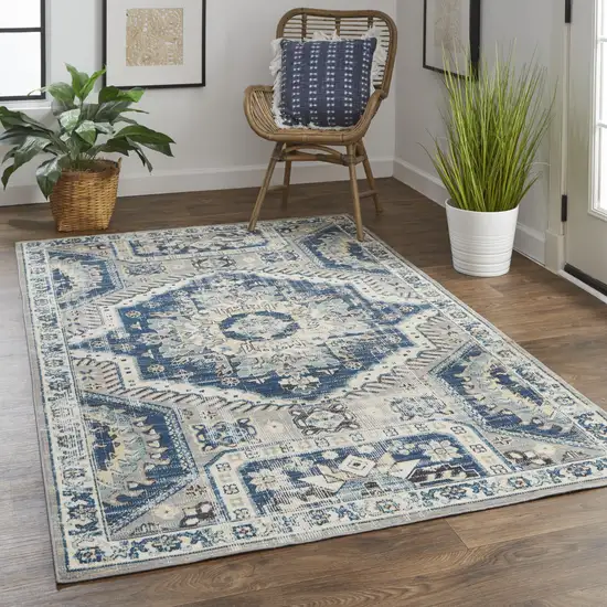 Blue And Ivory Abstract Power Loom Distressed Stain Resistant Area Rug Photo 2