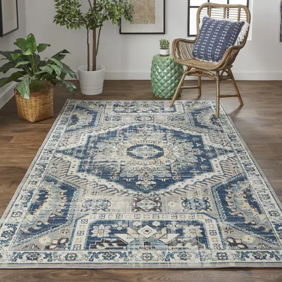 Blue And Ivory Abstract Power Loom Distressed Stain Resistant Area Rug Photo 3