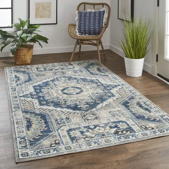 Blue And Ivory Abstract Power Loom Distressed Stain Resistant Area Rug Photo 6