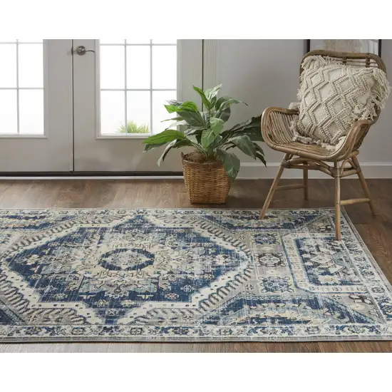 Blue And Ivory Abstract Power Loom Distressed Stain Resistant Area Rug Photo 8