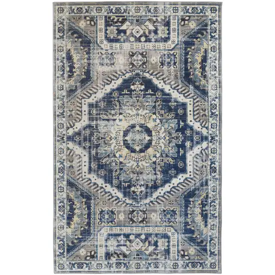 Blue And Ivory Abstract Power Loom Distressed Stain Resistant Area Rug Photo 1