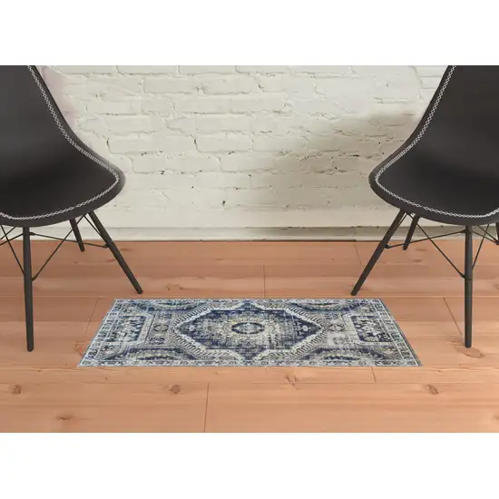 Blue And Ivory Abstract Power Loom Distressed Stain Resistant Area Rug Photo 2