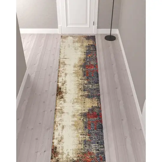 Blue And Ivory Abstract Power Loom Runner Rug Photo 2