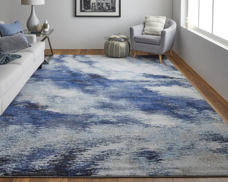 Blue And Ivory Abstract Power Loom Stain Resistant Area Rug Photo 3