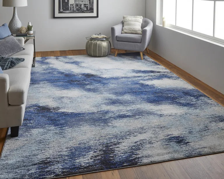 Blue And Ivory Abstract Power Loom Stain Resistant Area Rug Photo 4