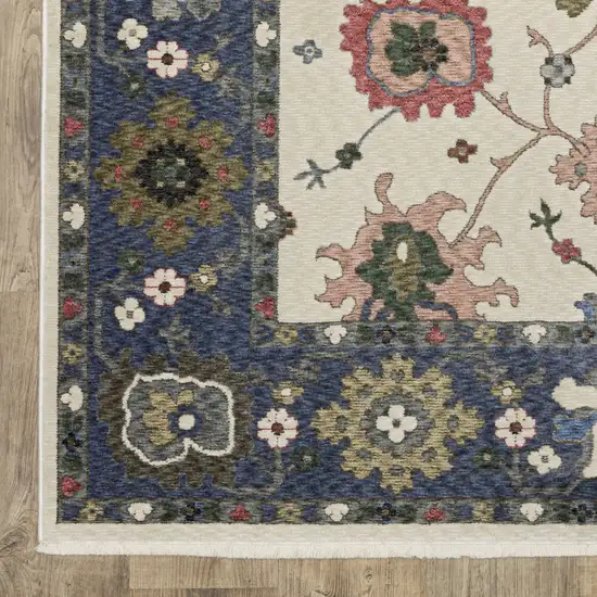 Blue And Ivory Floral Area Rug With Fringe Photo 7