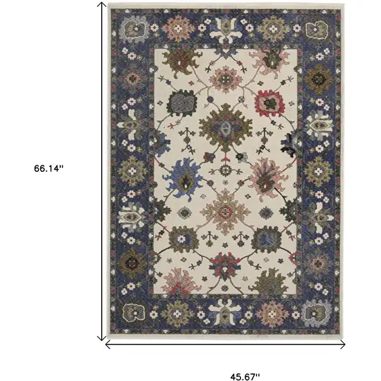 Blue And Ivory Floral Area Rug With Fringe Photo 3