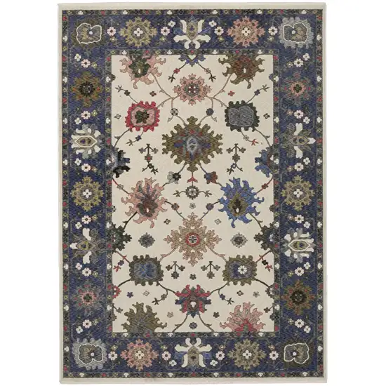 Blue And Ivory Floral Area Rug With Fringe Photo 9