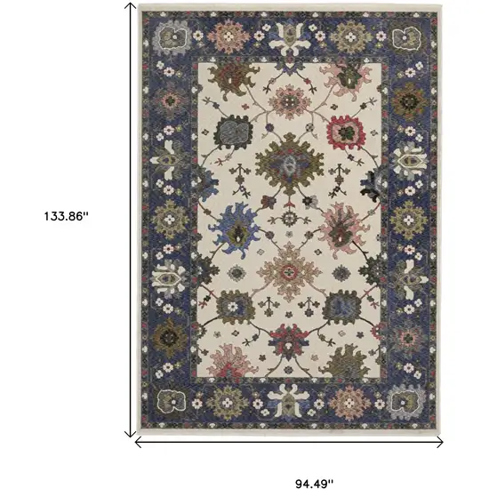 Blue And Ivory Floral Area Rug With Fringe Photo 3