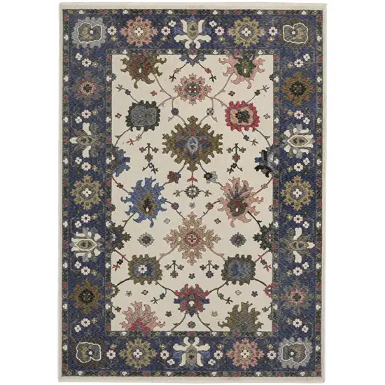 Blue And Ivory Floral Area Rug With Fringe Photo 2