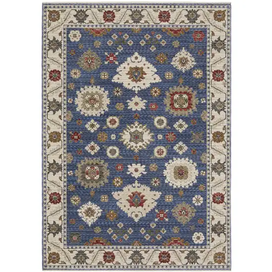 Blue And Ivory Floral Area Rug With Fringe Photo 2