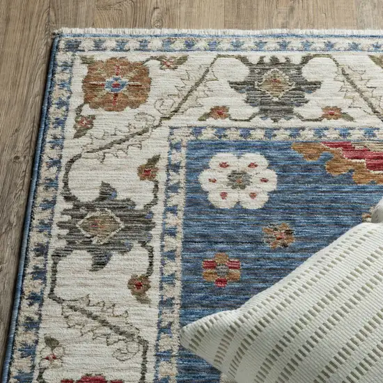 Blue And Ivory Floral Area Rug With Fringe Photo 6