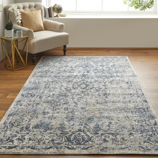 Blue And Ivory Floral Power Loom Distressed Area Rug Photo 5