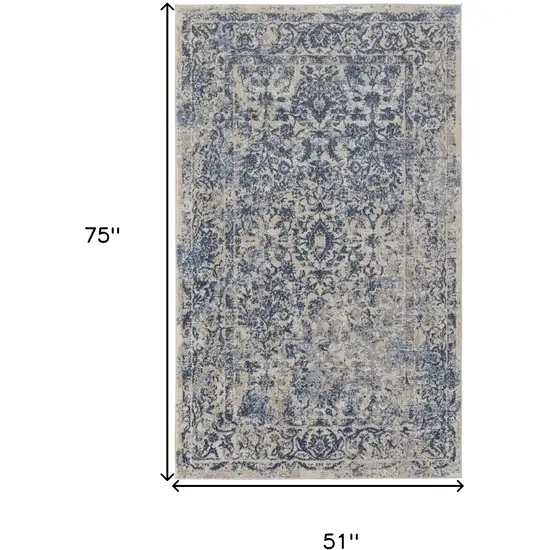 Blue And Ivory Floral Power Loom Distressed Area Rug Photo 10