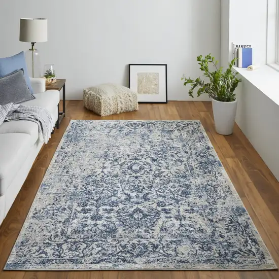 Blue And Ivory Floral Power Loom Distressed Area Rug Photo 7