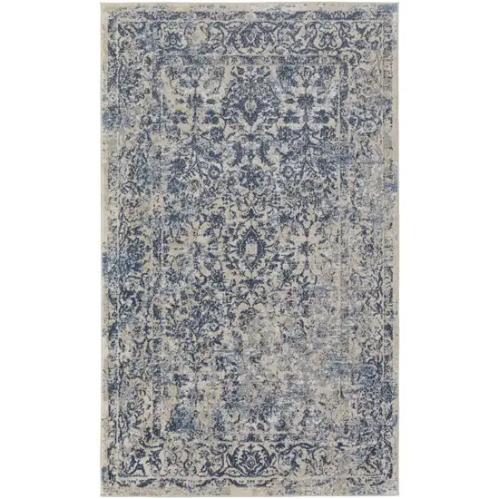 Blue And Ivory Floral Power Loom Distressed Area Rug Photo 1