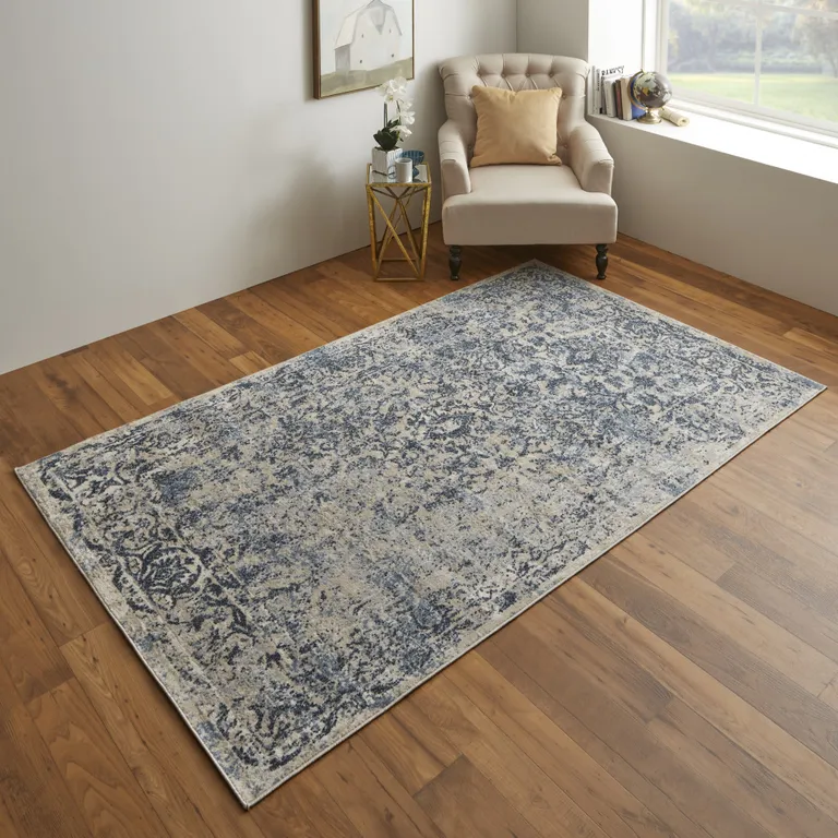 Blue And Ivory Floral Power Loom Distressed Area Rug Photo 4