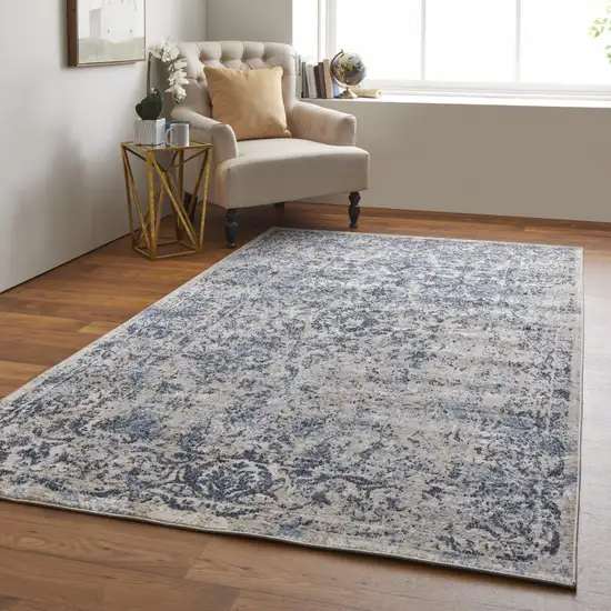 Blue And Ivory Floral Power Loom Distressed Area Rug Photo 6