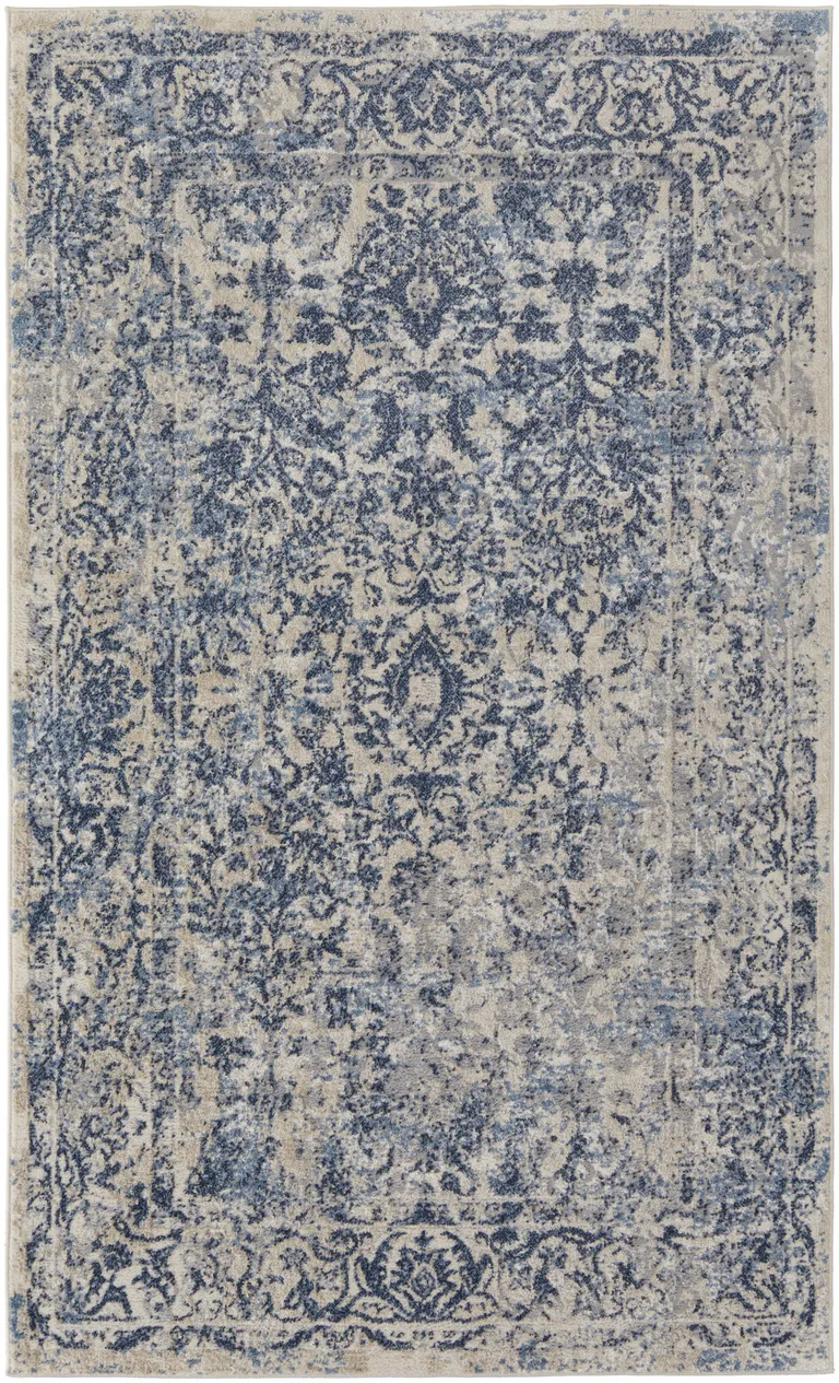 Blue And Ivory Floral Power Loom Distressed Area Rug Photo 1