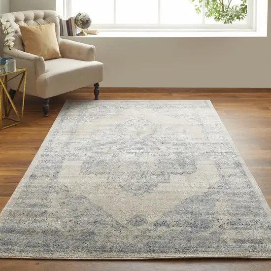 Blue And Ivory Floral Power Loom Distressed Area Rug Photo 5