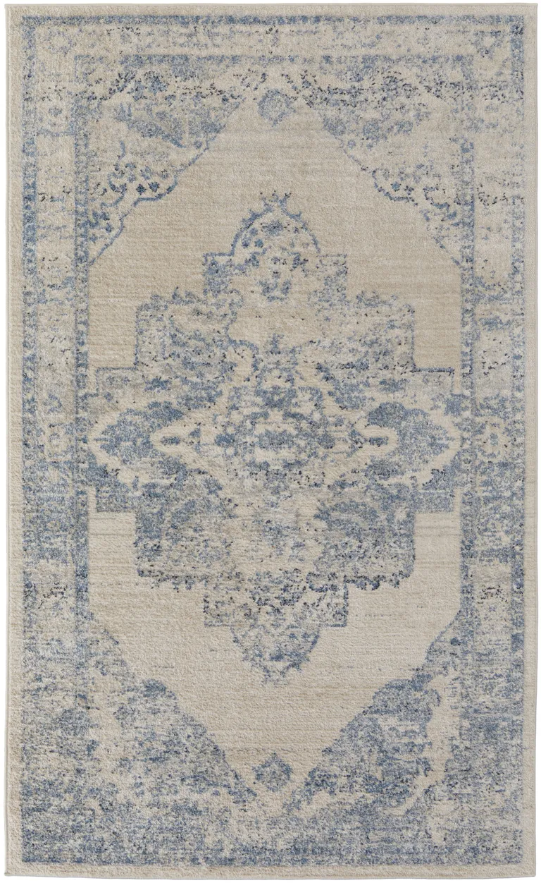 Blue And Ivory Floral Power Loom Distressed Area Rug Photo 1