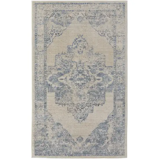 Blue And Ivory Floral Power Loom Distressed Area Rug Photo 1