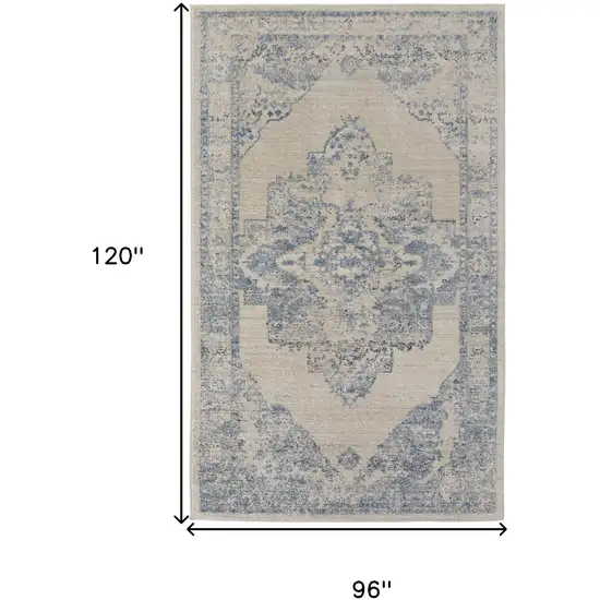 Blue And Ivory Floral Power Loom Distressed Area Rug Photo 10