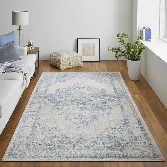 Blue And Ivory Floral Power Loom Distressed Area Rug Photo 7