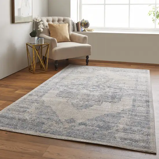 Blue And Ivory Floral Power Loom Distressed Area Rug Photo 6