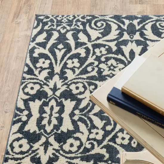 Blue And Ivory Floral Power Loom Stain Resistant Area Rug Photo 5