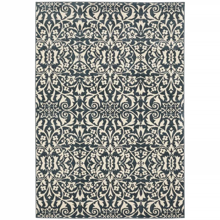 Blue And Ivory Floral Power Loom Stain Resistant Area Rug Photo 1