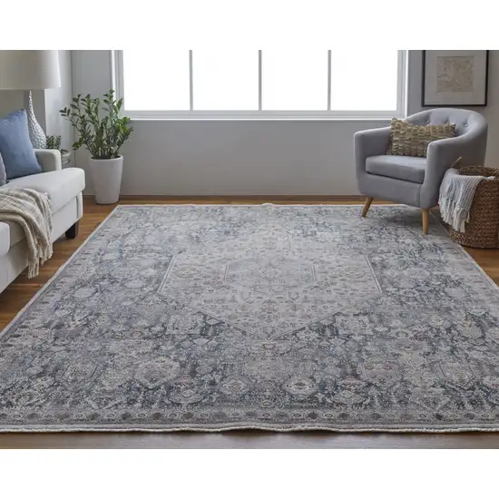 Blue And Ivory Floral Power Loom Stain Resistant Area Rug Photo 8