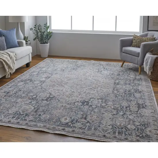 Blue And Ivory Floral Power Loom Stain Resistant Area Rug Photo 7