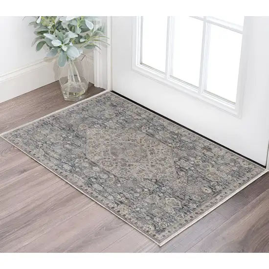 Blue and Ivory Floral Power Loom Area Rug Photo 1