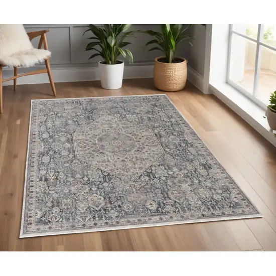 Blue and Ivory Floral Power Loom Area Rug Photo 1