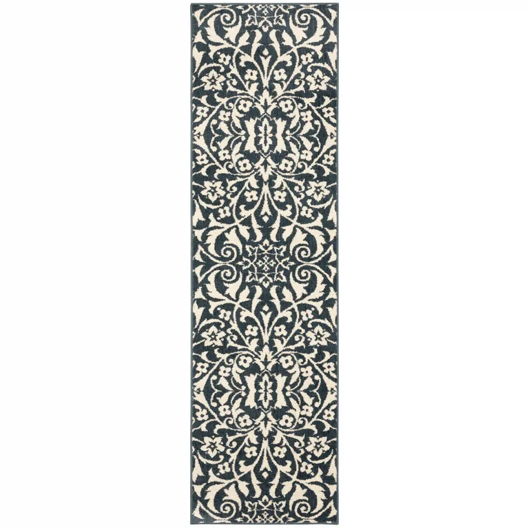 Blue And Ivory Floral Power Loom Stain Resistant Runner Rug Photo 1