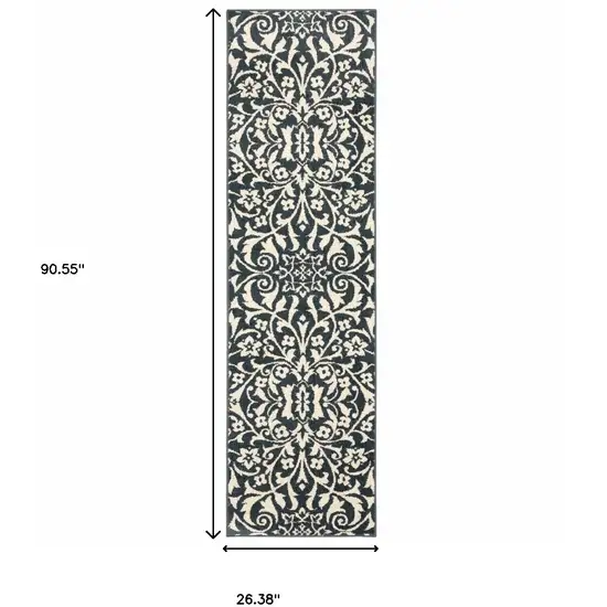 Blue And Ivory Floral Power Loom Stain Resistant Runner Rug Photo 7