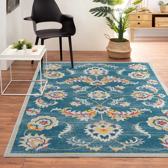 Blue And Ivory Floral Stain Resistant Indoor Outdoor Area Rug Photo 7