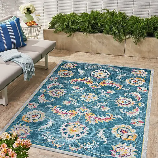 Blue And Ivory Floral Stain Resistant Indoor Outdoor Area Rug Photo 8