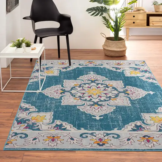 Blue And Ivory Floral Stain Resistant Indoor Outdoor Area Rug Photo 8