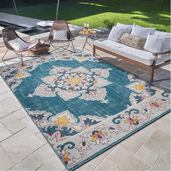 Blue And Ivory Floral Stain Resistant Indoor Outdoor Area Rug Photo 9