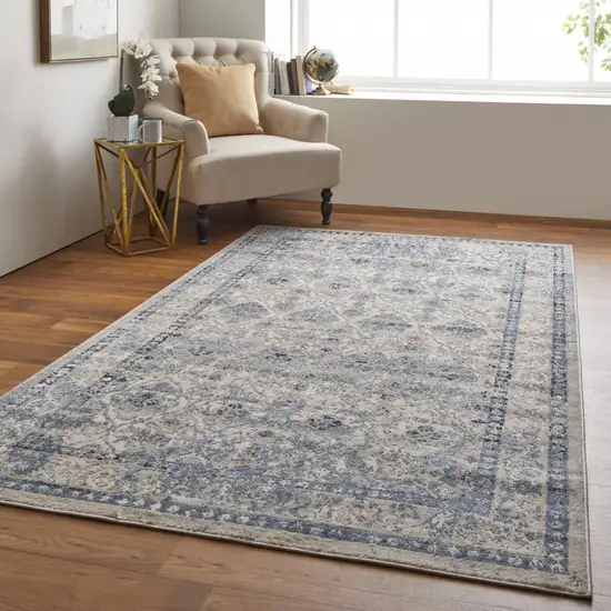 Blue And Ivory Geometric Power Loom Distressed Area Rug Photo 6