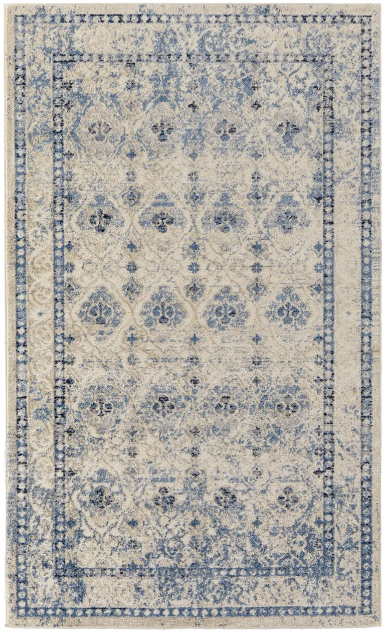 Blue And Ivory Geometric Power Loom Distressed Area Rug Photo 1