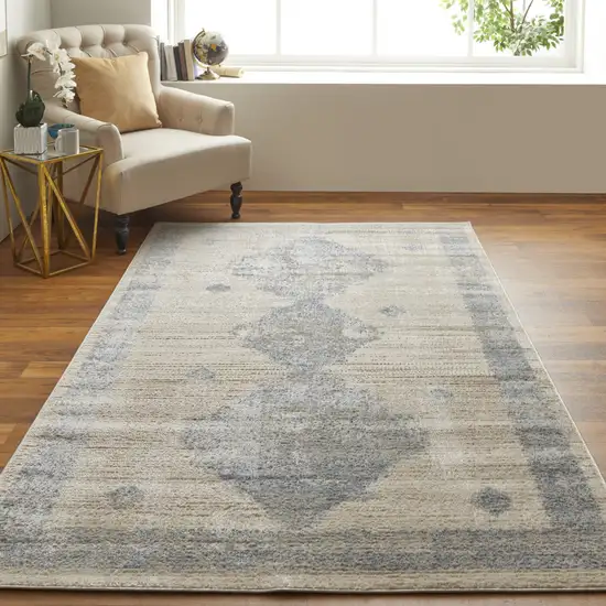 Blue And Ivory Geometric Power Loom Distressed Area Rug Photo 6