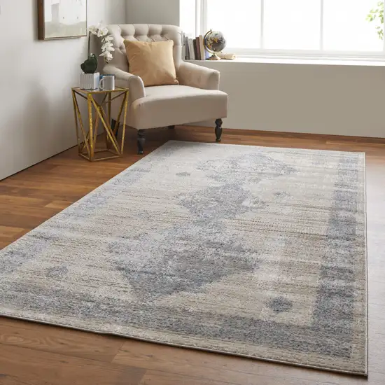 Blue And Ivory Geometric Power Loom Distressed Area Rug Photo 7